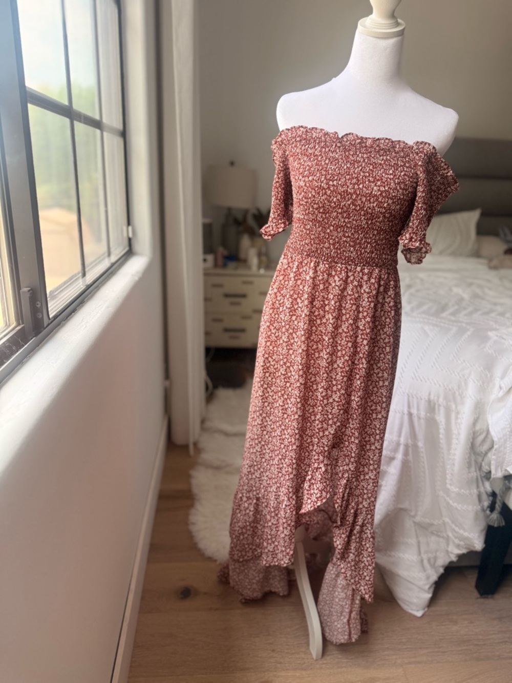 Francesca's Collections Dusty Rose Floral Off-Shoulder Maxi Dress